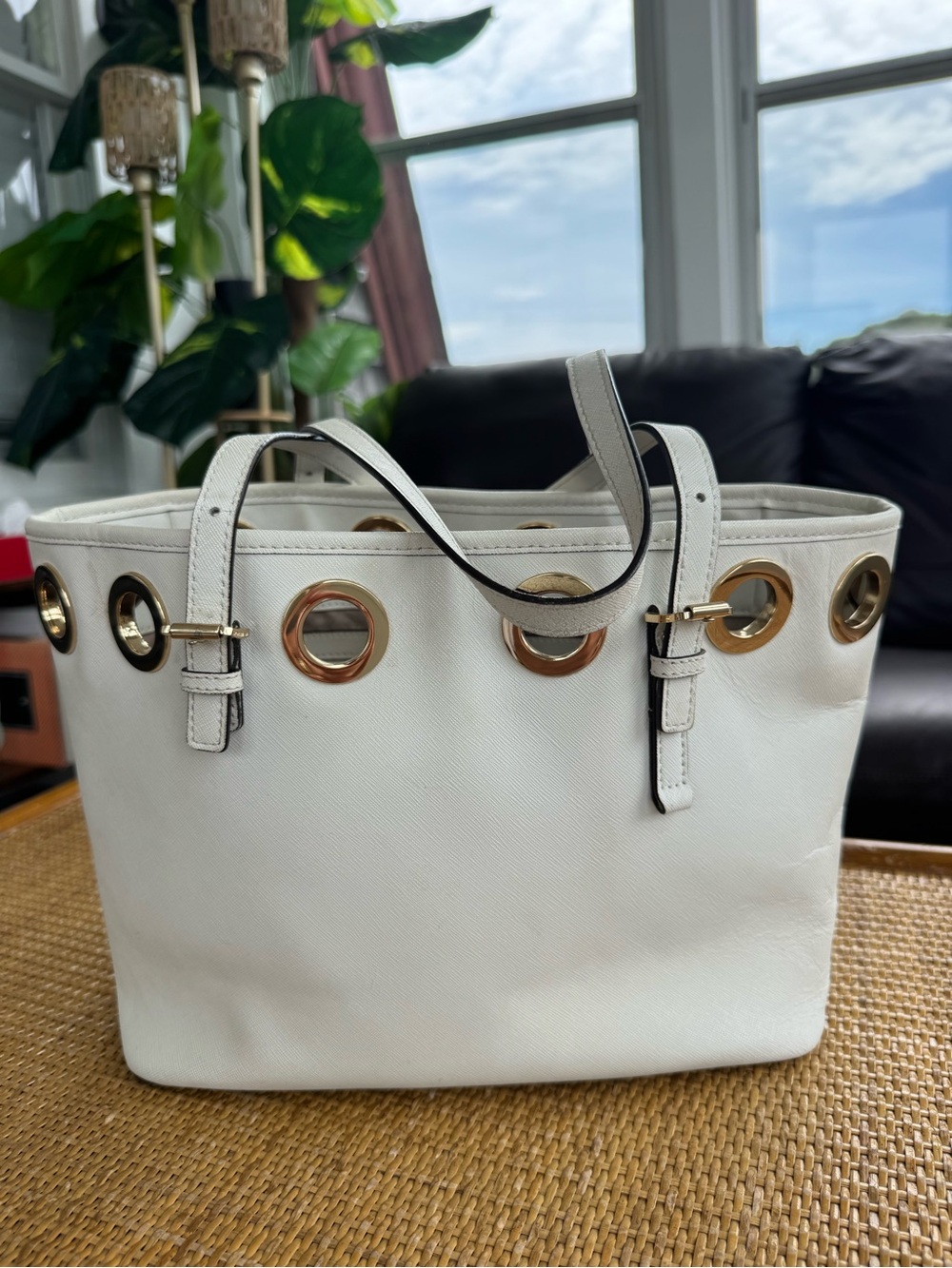 Michael Kors White Tote Bag with Gold Grommet Accents - Women's Handbag